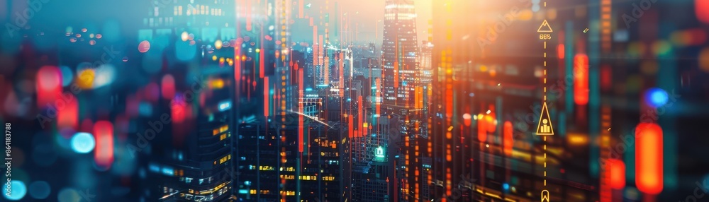 Stock chart, city skyline, close up, focus on, copy space, vibrant colors, Double exposure silhouette with urban landscape Stock chart, city skyline, close up, focus on, copy space, vibrant colors, Double exposure silhouette with urban landscape