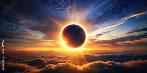 Total solar eclipse creating a mesmerizing ethereal glow in the sky at dusk, eclipse, sun, moon