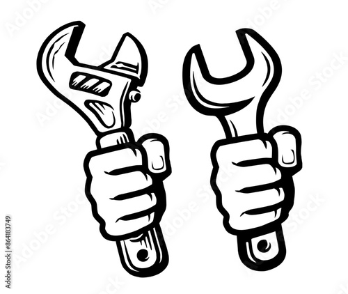 Fist hand holding spanner wrench tool. Repair and construction work sign or symbol. Black and white vector illustration