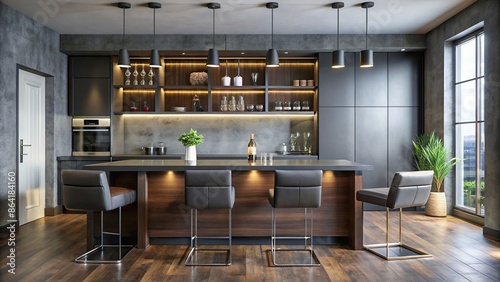 Modern home bar with black high back chairs photo