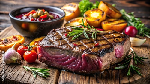 Close-up shot of a perfectly grilled steak with charred exterior, juicy pink center, roasted vegetables, and savory sauce photo