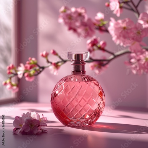 Beautiful bottle of cosmetic spray or perfume on a pink background with sakura flowers. front view. ai generated