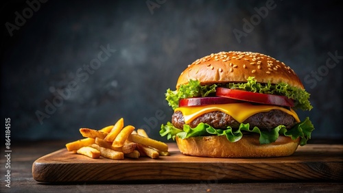 Delicious cheeseburger and fries with dark background, cheeseburger, fries, lettuce, pickles, sauce, savory, delectable, golden