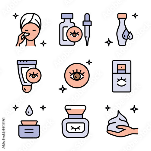 Eye Cream color icons set. Skin care flat symbols collection. Creative Eye Cream. Vector isolated simple drawing.