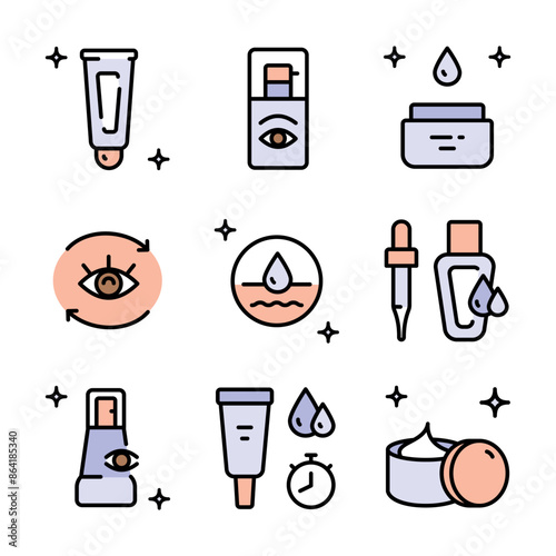 Eye Cream color icons set. Skin care flat symbols collection. Creative Eye Cream. Vector isolated simple drawing.