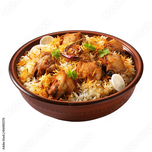 A bowl of chicken biryani isolated on transparent background png