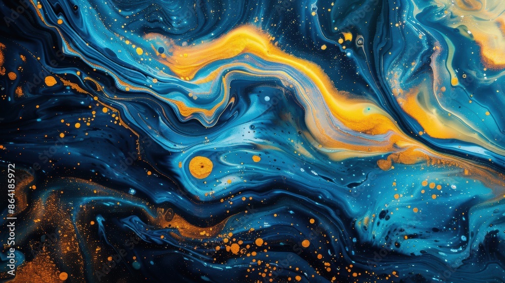 Fluid art painting with swirling blue and yellow colors, creating a dynamic and flowing abstract design with a cosmic feel. Fluid art painting with swirling blue and yellow colors, creating a dynamic and flowing abstract design with a cosmic feel.