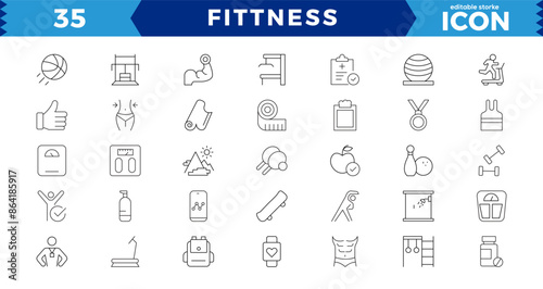 Web Set of Fittness Vector Thin Line Icons.Sport, gym and fitness line icons set. Contains such Icons as Healthy Lifestyle, Weight Training, Body care and more. Outline icons collection.