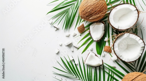 Wallpaper Mural An inviting tropical layout showcasing freshly split coconuts and elegant palm leaves, set against a clean, white background, perfect for evoking feelings of relaxation and exotic natural beauty. Torontodigital.ca