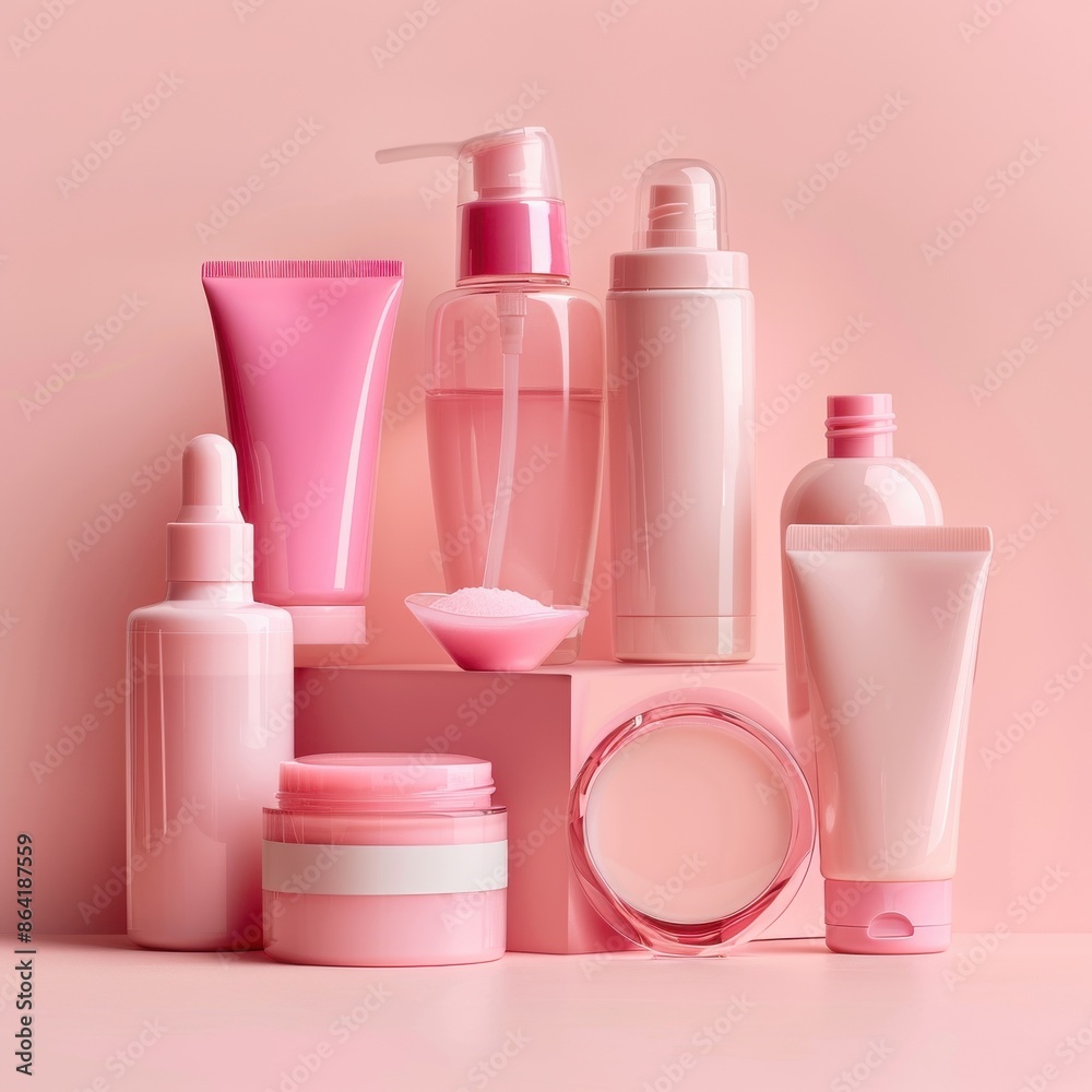 A collection of beauty products, including a bottle of lotion. Cosmetic concept A collection of beauty products, including a bottle of lotion. Cosmetic concept