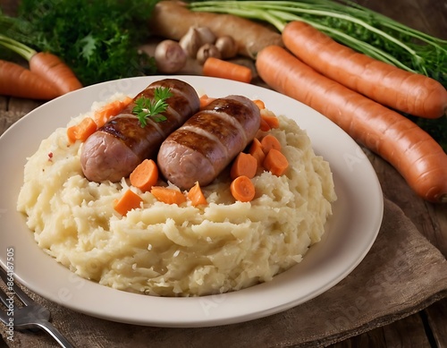 Dutch stamppot - a mashed potatoes, sauerkraut and carrots, with sausages  photo