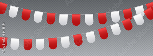 Bunting flags, carnival party flags, white and red festive pennants hanging on a rope. Festival vector decoration.