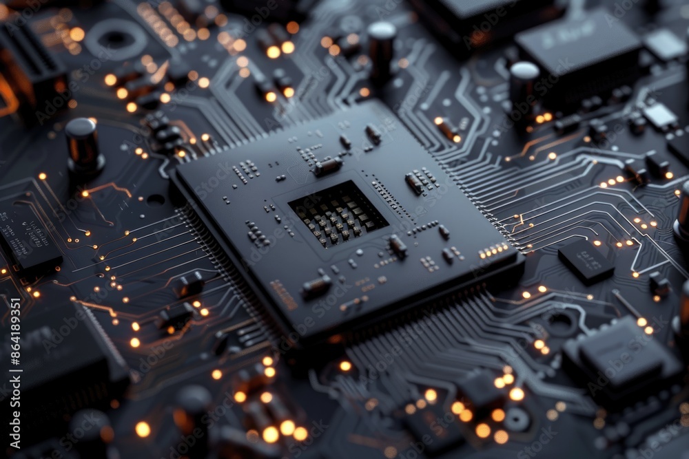 Motherboard Circuit. Black Circuit Board with Central Processor Chip. Computer Hardware Technology Background Motherboard Circuit. Black Circuit Board with Central Processor Chip. Computer Hardware Technology Background