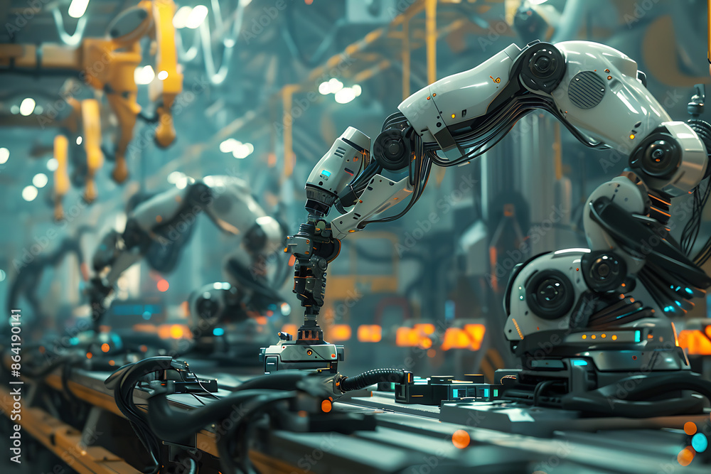 Fototapeta premium A high-tech factory with robots on an assembly line, manufacturing car body parts efficiently.