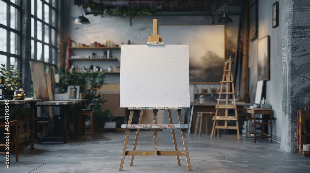 A blank canvas set on an easel in a spacious, well-lit artistic studio, ready for a new creation. A blank canvas set on an easel in a spacious, well-lit artistic studio, ready for a new creation.