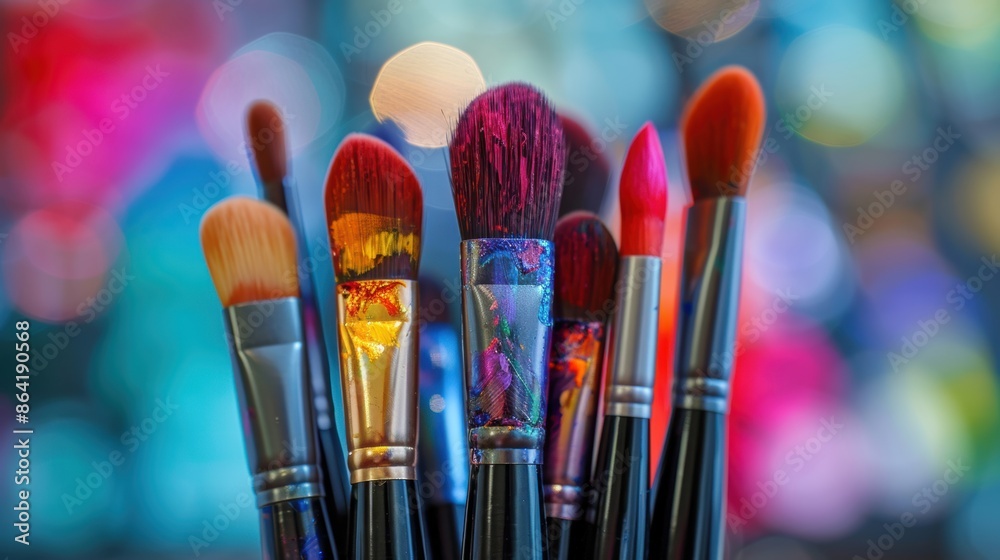 A collection of colorful paint brushes with a blurred, bokeh background, highlighting vibrant creativity and artistic tools. A collection of colorful paint brushes with a blurred, bokeh background, highlighting vibrant creativity and artistic tools.