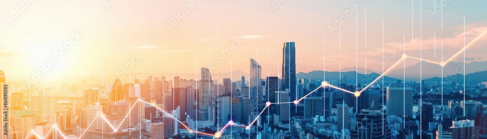 City skyline with graph line overlay, representing business growth and urban development at sunrise City skyline with graph line overlay, representing business growth and urban development at sunrise
