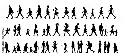 Vector illustration. Large set of black silhouettes of people. People are walking.