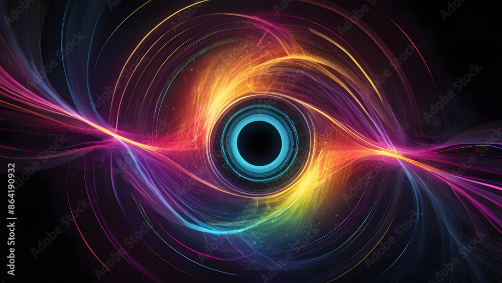 An entrancing audio visualizer pulses with vibrant neon glows on a dark, abstract background, creating an immersive experience for the viewer.