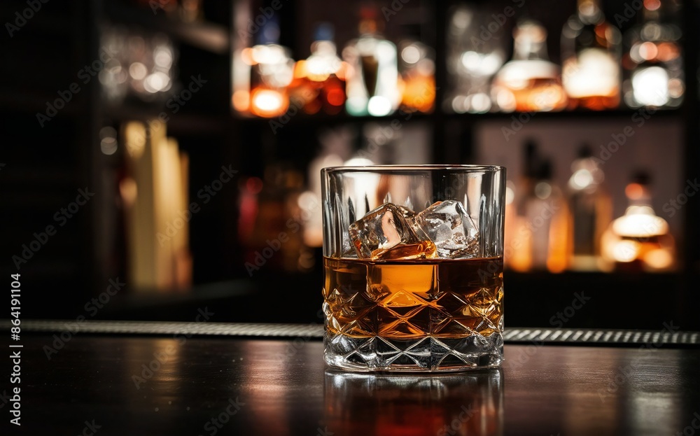 Glass of scotch whiskey and ice on a black wooden background,sel Glass of scotch whiskey and ice on a black wooden background,sel