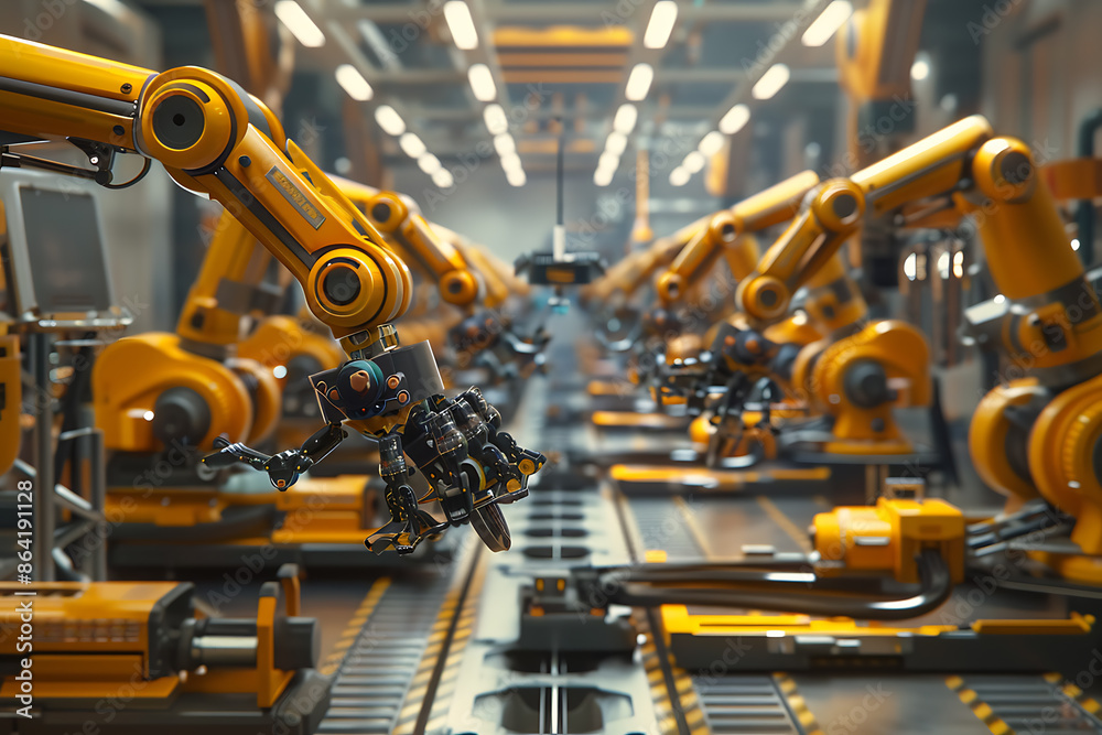 A high-tech factory with robots on an assembly line, manufacturing car body parts efficiently. A high-tech factory with robots on an assembly line, manufacturing car body parts efficiently.