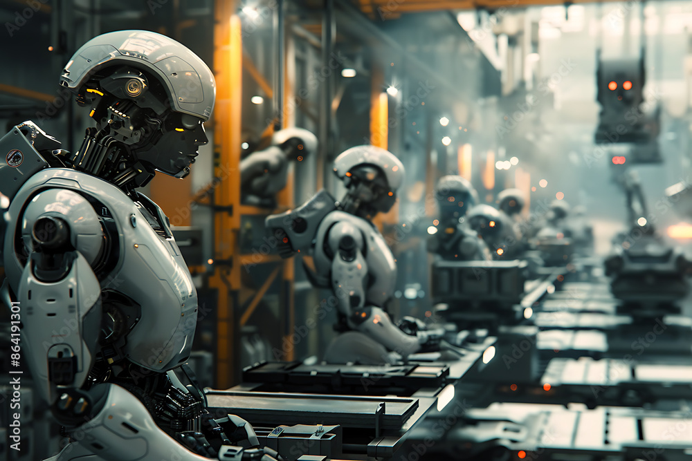 A high-tech factory with robots on an assembly line, manufacturing car body parts efficiently.