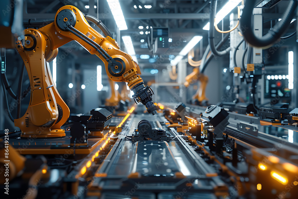 A high-tech factory with robots on an assembly line, manufacturing car body parts efficiently. A high-tech factory with robots on an assembly line, manufacturing car body parts efficiently.