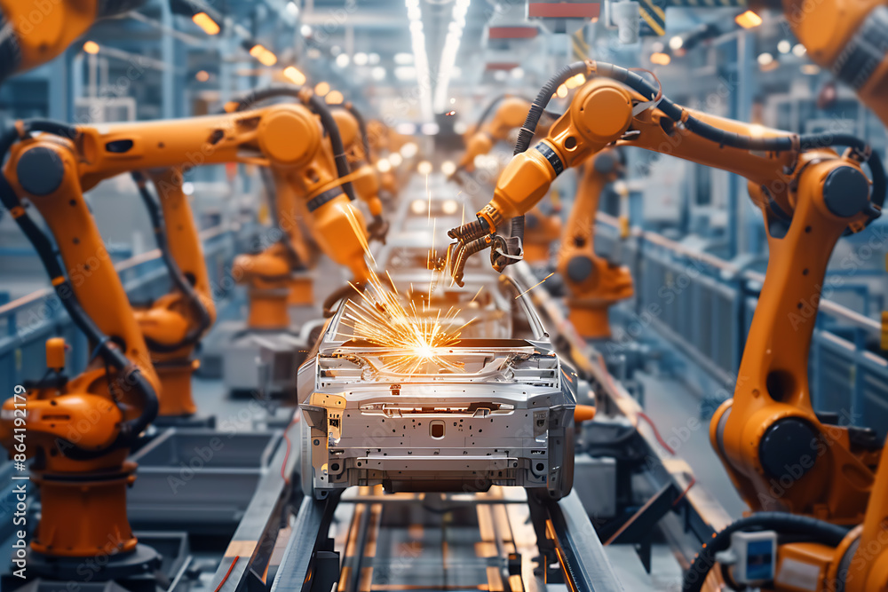 A high-tech factory with robots on an assembly line, manufacturing car body parts efficiently. A high-tech factory with robots on an assembly line, manufacturing car body parts efficiently.