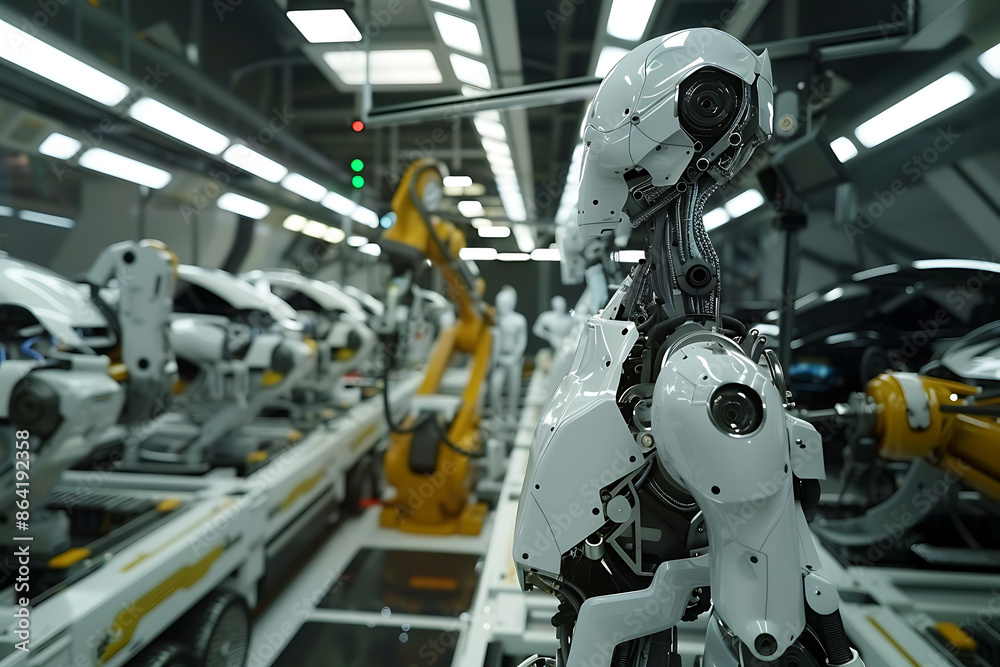 A high-tech factory with robots on an assembly line, manufacturing car body parts efficiently. A high-tech factory with robots on an assembly line, manufacturing car body parts efficiently.