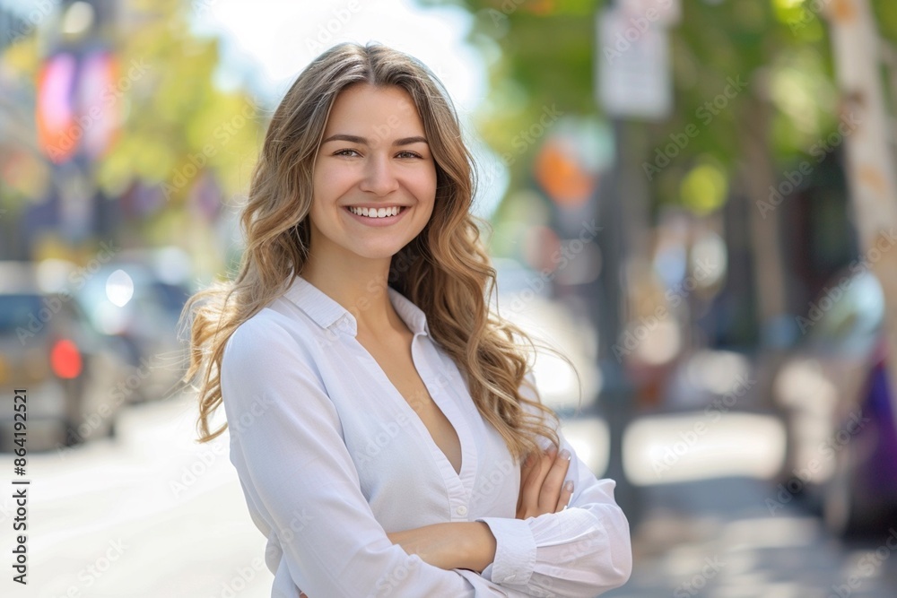 photo of beautiful happy confident woman looking at camera standing, positive female on a busy street arms crossed , smiling looking at camera photo of beautiful happy confident woman looking at camera standing, positive female on a busy street arms crossed , smiling looking at camera