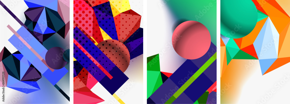 Set of geometric abstract composition with spheres and triangles. Vector illustration For Wallpaper, Banner, Background, Card, Book Illustration, landing page Set of geometric abstract composition with spheres and triangles. Vector illustration For Wallpaper, Banner, Background, Card, Book Illustration, landing page