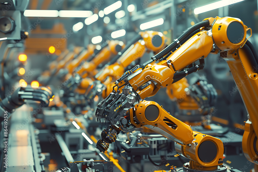 A high-tech factory with robots on an assembly line, manufacturing car body parts efficiently. A high-tech factory with robots on an assembly line, manufacturing car body parts efficiently.