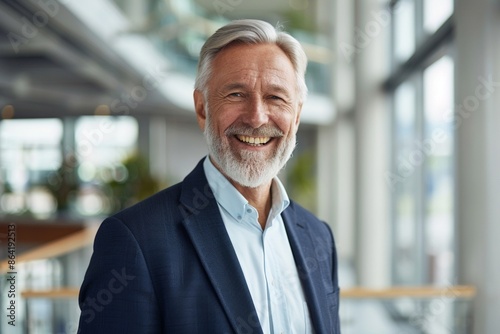 smilling middle aged sucessfull happy business man company CEO standing in office arms crossed. mature confident professional executive manager, businessman, lawyer photo