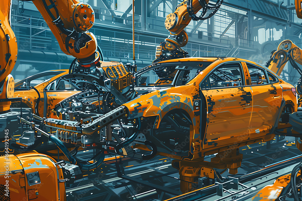A high-tech factory with robots on an assembly line, manufacturing car body parts efficiently. A high-tech factory with robots on an assembly line, manufacturing car body parts efficiently.