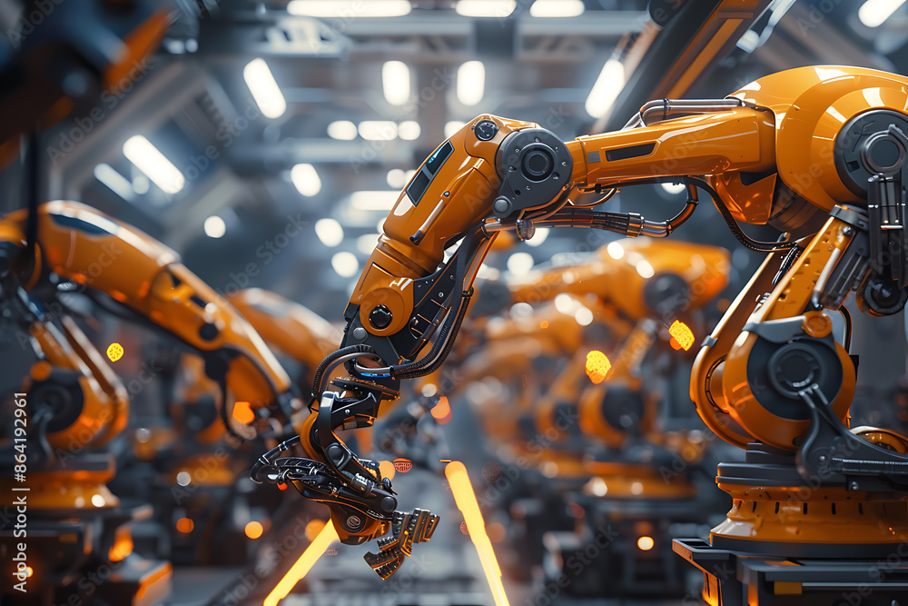 A high-tech factory with robots on an assembly line, manufacturing car body parts efficiently. A high-tech factory with robots on an assembly line, manufacturing car body parts efficiently.