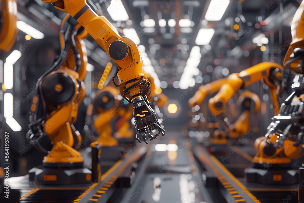 A high-tech factory with robots on an assembly line, manufacturing car body parts efficiently. A high-tech factory with robots on an assembly line, manufacturing car body parts efficiently.