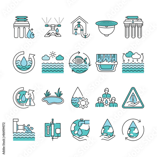 Water management line color icons set. Signs for web page, mobile app,