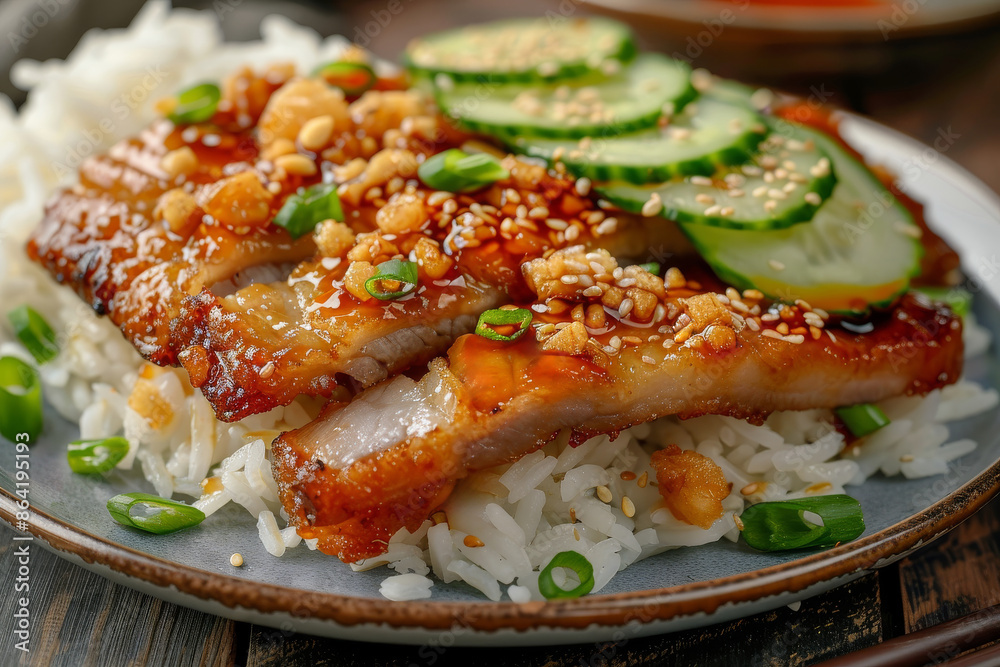 close-up of a plate of food on a wooden table plate contains rice, meat, and cucumber slices close-up of a plate of food on a wooden table plate contains rice, meat, and cucumber slices