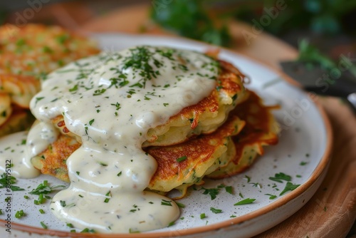 Wallpaper Mural Delicious zucchini pancakes topped with homemade cream sauce for a tasty twist Torontodigital.ca