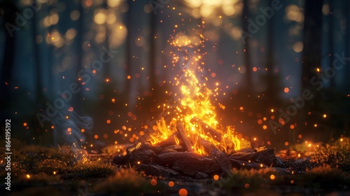 A warm campfire glowing in the forest at night, creating a cozy and inviting atmosphere with sparks flying.