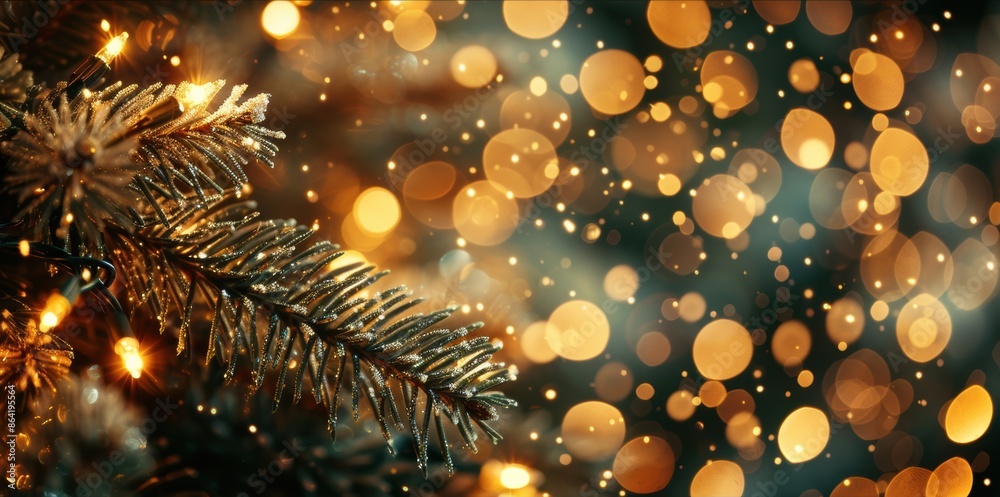 Close-up of a Christmas tree branch adorned with twinkling lights and ornaments, creating a festive and warm holiday scene. Close-up of a Christmas tree branch adorned with twinkling lights and ornaments, creating a festive and warm holiday scene.