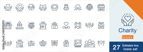 Charity editable stroke outline icons set. Donate, charity, solidarity, trust, social care, community, helping hands, partnership and help. Vector illustration 