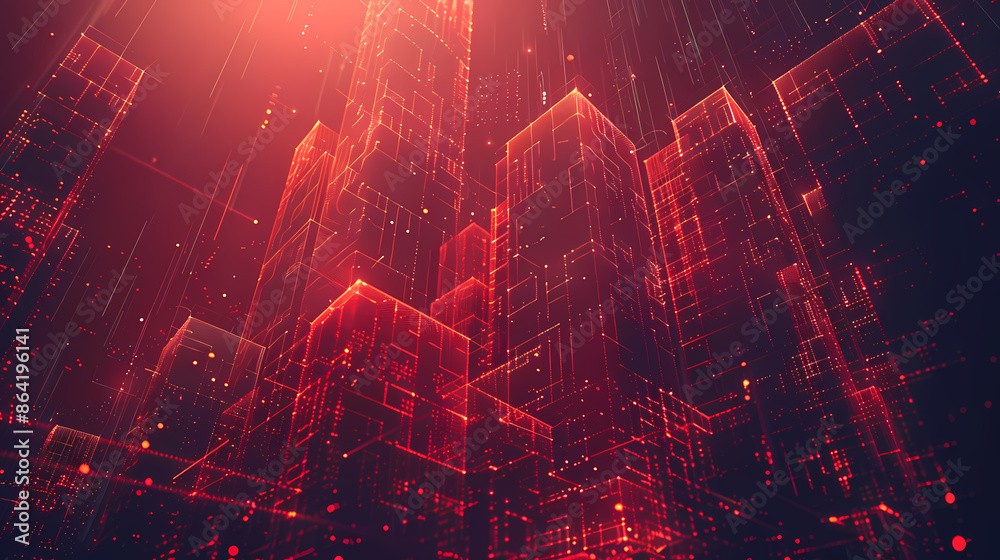 Naklejka premium Futuristic digital cityscape with glowing red grid-like structures and abstract data lines.