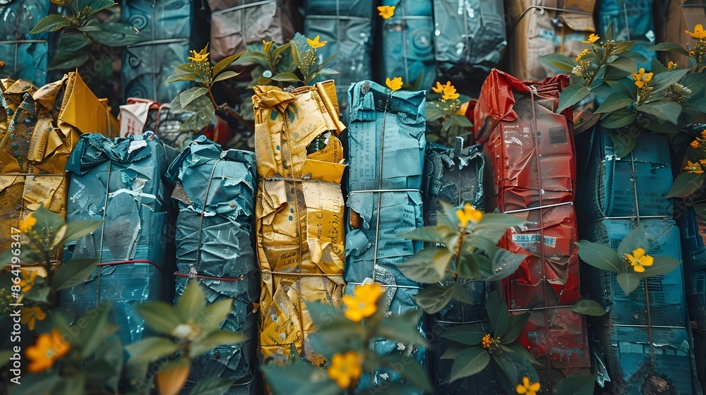 Naklejka premium Vibrant Autumn Leaves and Flowers Against Gritty Graffiti-Covered Urban Wall