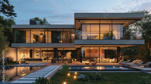 Modern Home With Pool and Outdoor Seating at Dusk