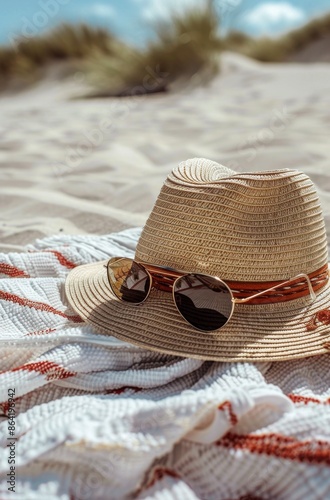 Straw Hat and Sunglasses Resting on Striped Towel at Beach