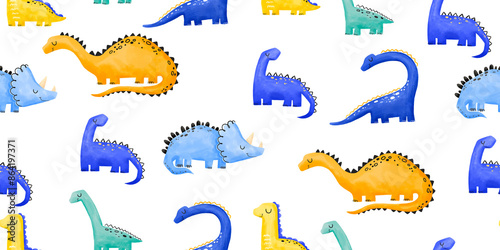 Seamless pattern with watercolor hand drawn dinosaurs. Cartoon dinosaurs background. Childish t rex texture. Newborn pattern photo