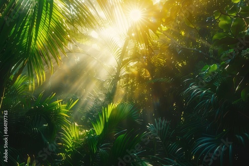 A majestic tropical forest: sunlight peeking through the canopy © Mamstock
