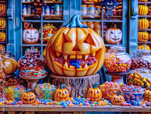 Display a large central carved smile pumpkin surrounded by an assortment of smaller pumpkins and colorful candies, all set against shop backdrop filled with autumnal halloween decorations photo