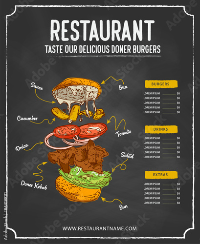 Doner burger menu. Hand drawn vector illustration. Making doner kebab and kebab ingredients. Fast food design elements. Restaurant cafe poster, template design. 
